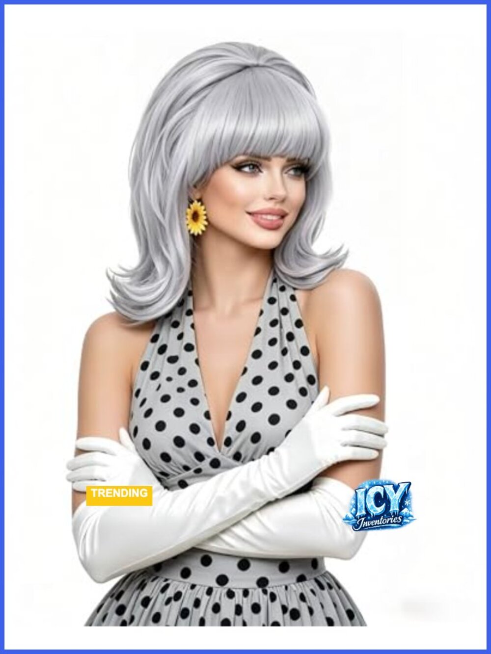 Vintage Short Wavy Silver White Wig with Bangs Retro Bouffant Beehive for 80s